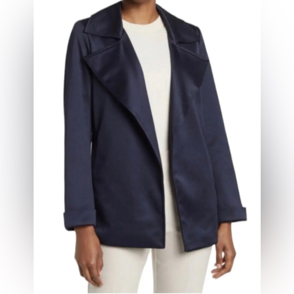 NWT $129 Women's ADRIANNA PAPELL Drape Front Blazer Coat Jacket Navy‎ Blue  sz-M